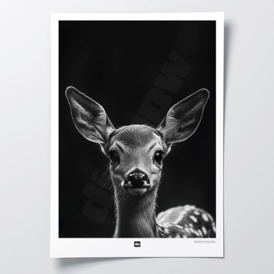 Black and white poster, minimalist photography, design wall decoration of a small fawn for a modern interior.