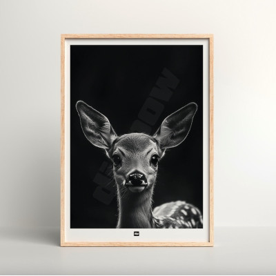 Affiche noir et blanc, photographie minimaliste, décoration murale design d'un petit faon pour intérieur moderne.