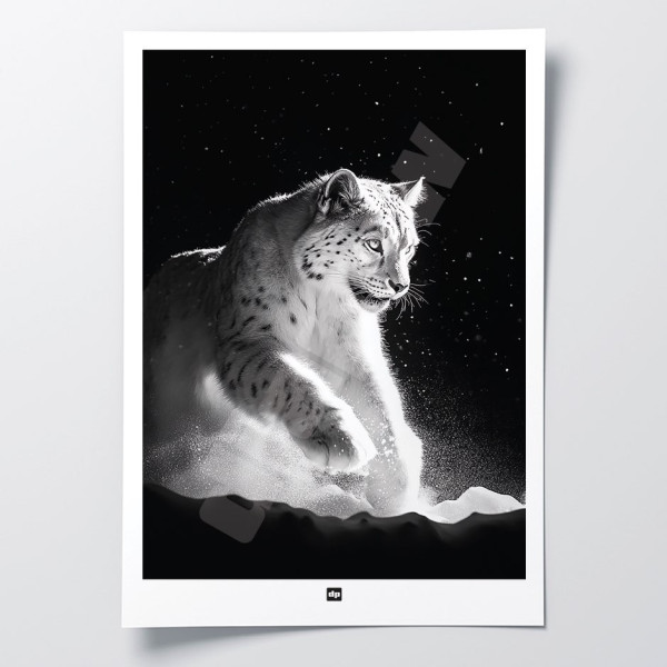 Schwarz-Weiß-Poster, minimalistische Fotografie, Design-Wanddekoration eines Schneeleoparden für moderne Innenräume.