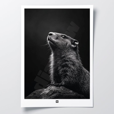 Black and white poster, minimalist photography, design wall decoration of a groundhog for a modern interior.
