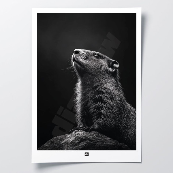 Black and white poster, minimalist photography, design wall decoration of a groundhog for a modern interior.