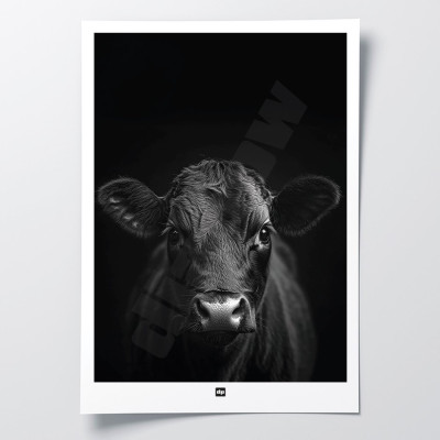 Black and white poster, minimalist photography, design wall decoration of a black cow for modern interiors. Black and white poster, minimalist photography, design wall decoration of a black cow for modern interiors.