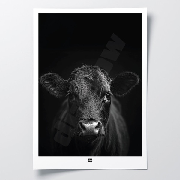 Black and white poster, minimalist photography, design wall decoration of a black cow for modern interiors.