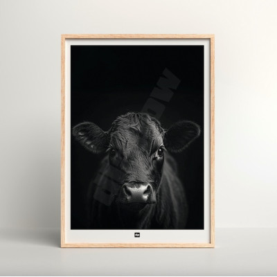 Black and white poster, minimalist photography, design wall decoration of a black cow for modern interiors. Black and white poster, minimalist photography, design wall decoration of a black cow for modern interiors.