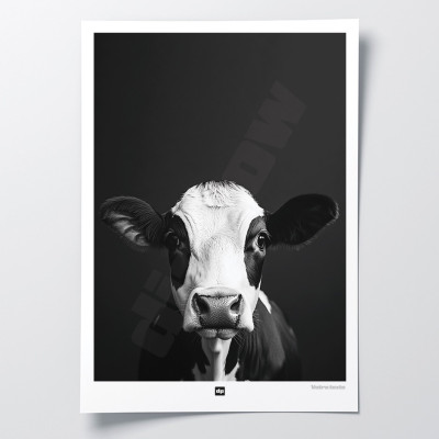 Affiche noir et blanc, photographie minimaliste, décoration murale design d'une vache pour intérieur moderne.