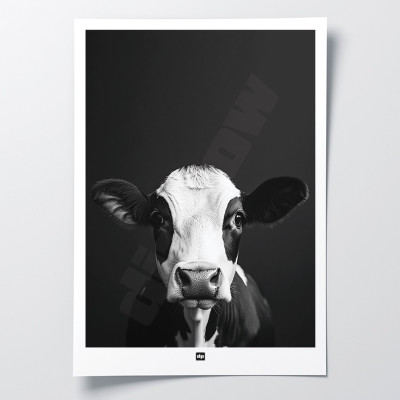 Black and white poster, minimalist photography, design wall decoration of a cow for modern interiors.