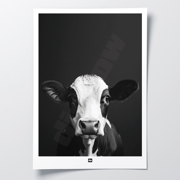 Affiche noir et blanc, photographie minimaliste, décoration murale design d'une vache pour intérieur moderne.