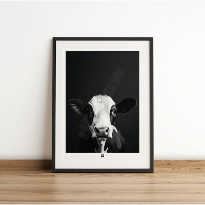 Black and white poster, minimalist photography, design wall decoration of a cow for modern interiors.