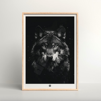 Schwarz-Weiß-Poster, minimalistische Fotografie, Design-Wanddekoration eines Wolfs für moderne Innenräume. Schwarz-Weiß-Poster, minimalistische Fotografie, Design-Wanddekoration eines Wolfs für moderne Innenräume.