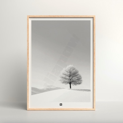 Schwarz-Weiß-Foto eines gefrorenen Baumes inmitten einer verschneiten Landschaft. Modernes Design-Wandposter. Schwarz-Weiß-Foto eines gefrorenen Baumes inmitten einer verschneiten Landschaft. Modernes Design-Wandposter.
