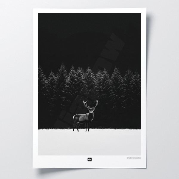 Schwarz-Weiß-Poster, Fotografie eines majestätischen Hirsches in einer schneebedeckten Grasebene mit Wald.