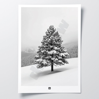 Schwarz-Weiß-Foto eines Tannenbaums in einer verschneiten Berglandschaft. Modernes Design-Winterwandposter. Schwarz-Weiß-Foto eines Tannenbaums in einer verschneiten Berglandschaft. Modernes Design-Winterwandposter.