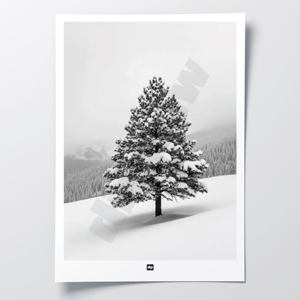 Photo noir et blanc d’un sapin dans un paysage enneigé à la montagne. Affiche murale d'hiver design et moderne.