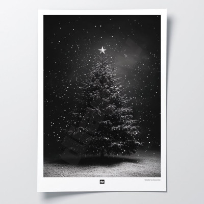 Schwarz-Weiß-Foto eines Weihnachtsbaums mit Schneeflocken. Modernes Design-Winterwandposter.