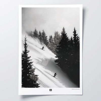 Schwarz-Weiß-Poster, Fotografie einer Skiabfahrt zwischen Tannenbäumen für eine Design-Wanddekoration. Schwarz-Weiß-Poster, Fotografie einer Skiabfahrt zwischen Tannenbäumen für eine Design-Wanddekoration.