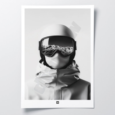 Schwarz-Weiß-Poster, minimalistische Fotografie, Design-Wanddekoration eines Skifahrers mit Helm, Maske und Brille.