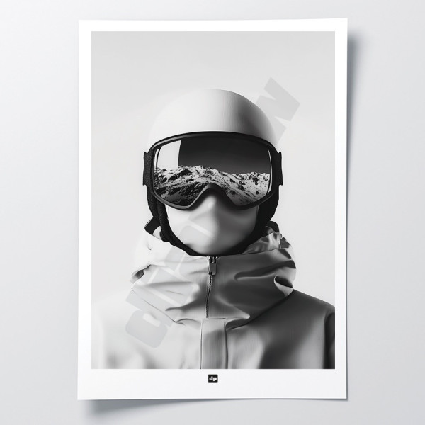 Schwarz-Weiß-Poster, minimalistische Fotografie, Design-Wanddekoration eines Skifahrers mit Helm, Maske und Brille.