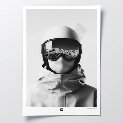 Schwarz-Weiß-Poster, minimalistische Fotografie, Design-Wanddekoration eines Skifahrers mit Helm, Maske und Brille.