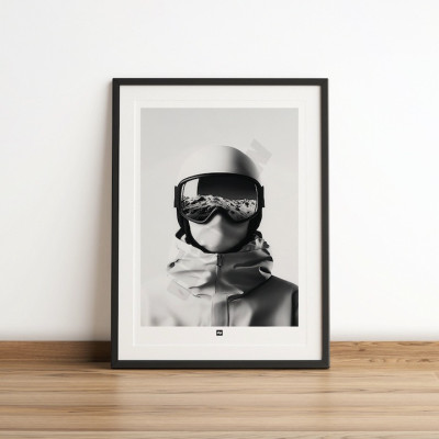 Schwarz-Weiß-Poster, minimalistische Fotografie, Design-Wanddekoration eines Skifahrers mit Helm, Maske und Brille.
