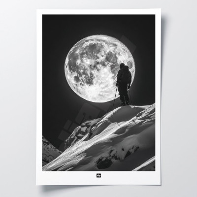 Poster in bianco e nero di uno sciatore in cima a una montagna sotto la luna piena, una fotografia di design minimalista. Poster in bianco e nero di uno sciatore in cima a una montagna sotto la luna piena, una fotografia di design minimalista.