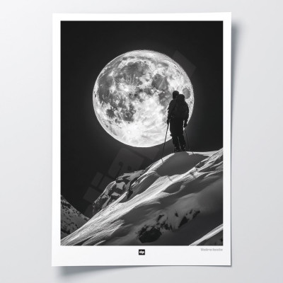 Poster in bianco e nero di uno sciatore in cima a una montagna sotto la luna piena, una fotografia di design minimalista. Poster in bianco e nero di uno sciatore in cima a una montagna sotto la luna piena, una fotografia di design minimalista.