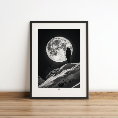 Affiche noir et blanc d’un skieur au sommet d’une montagne sous la pleine lune, photographie minimaliste et design. Affiche noir et blanc d’un skieur au sommet d’une montagne sous la pleine lune, photographie minimaliste et design.