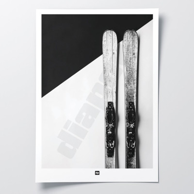 Black and white poster, photograph of a pair of skis, for a modern, designer look.