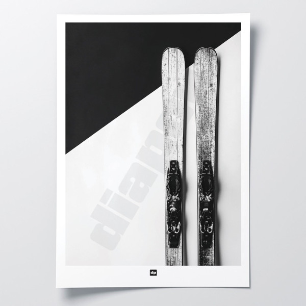 Black and white poster, photograph of a pair of skis, for a modern, designer look.