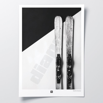 Black and white poster, photograph of a pair of skis, for a modern, designer look.