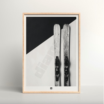 Black and white poster, photograph of a pair of skis, for a modern, designer look.