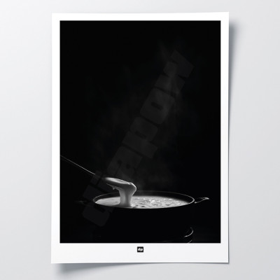 Affiche noir et blanc, photographie d'une fondue savoyarde pour décoration murale design et moderne.