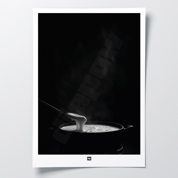 Affiche noir et blanc, photographie d'une fondue savoyarde pour décoration murale design et moderne.