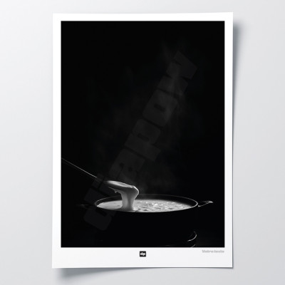 Affiche noir et blanc, photographie d'une fondue savoyarde pour décoration murale design et moderne.