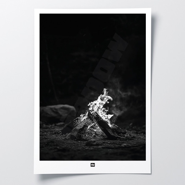 Schwarz-Weiß-Poster, Fotografie eines Holzfeuers für eine moderne Design-Wanddekoration.