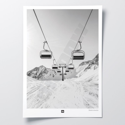 Black-and-white poster featuring a photograph of chairlifts above the slopes, ideal for modern design decor.