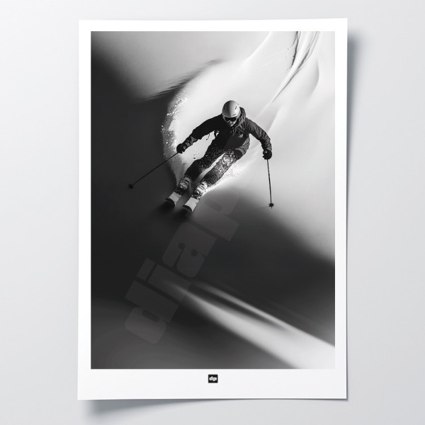 Schwarz-Weiß-Fotografie eines Skifahrers im Pulverschnee, modernes Design-Wandposter.