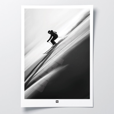 Schwarz-Weiß-Fotografie eines Skifahrers, der eine Piste hinuntersaust, ein modernes Design-Wandposter. Schwarz-Weiß-Fotografie eines Skifahrers, der eine Piste hinuntersaust, ein modernes Design-Wandposter.