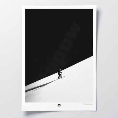 Black-and-white photograph of a ski ascent in powder snow, a modern, designer wall poster.