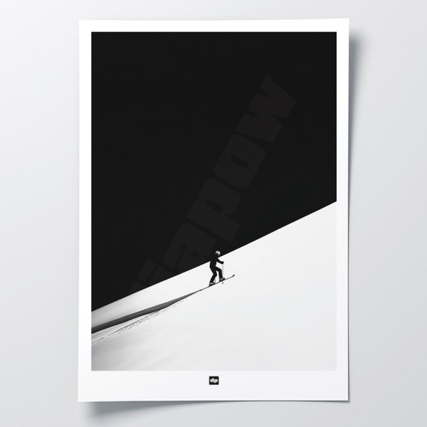 Black-and-white photograph of a ski ascent in powder snow, a modern, designer wall poster.
