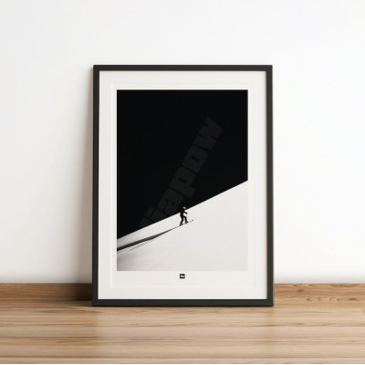 Black-and-white photograph of a ski ascent in powder snow, a modern, designer wall poster.