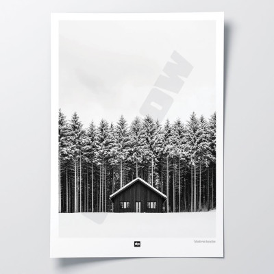 Poster in bianco e nero, fotografia di uno chalet di fronte a una foresta di abeti, per una decorazione murale moderna.