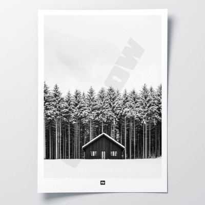 Black and white poster, photograph of a chalet in front of a forest of fir trees, for a modern design wall decoration.