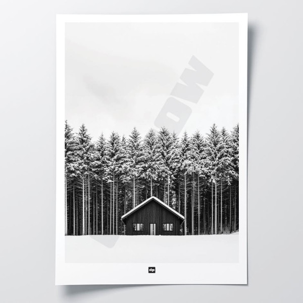 Black and white poster, photograph of a chalet in front of a forest of fir trees, for a modern design wall decoration.