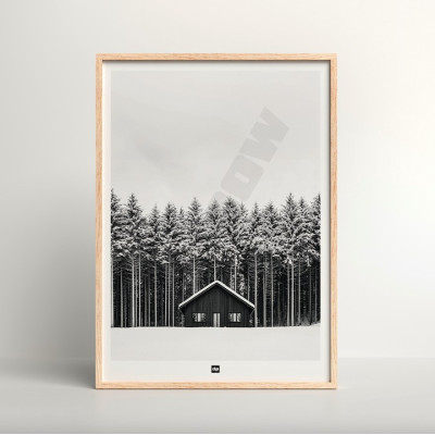 Poster in bianco e nero, fotografia di uno chalet di fronte a una foresta di abeti, per una decorazione murale moderna.