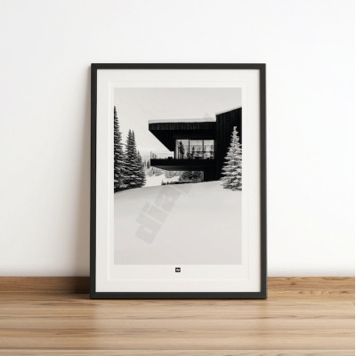 Schwarz-Weiß-Poster, Fotografie eines Luxus-Chalets in den Bergen, zwischen Schnee und Tannenbäumen, für moderne Dekoration. Schwarz-Weiß-Poster, Fotografie eines Luxus-Chalets in den Bergen, zwischen Schnee und Tannenbäumen, für moderne Dekoration.