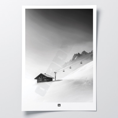 Schwarz-Weiß-Poster, Fotografie eines kleinen, in den Bergen verlorenen Ferienortes, für moderne Designdekoration. Schwarz-Weiß-Poster, Fotografie eines kleinen, in den Bergen verlorenen Ferienortes, für moderne Designdekoration.