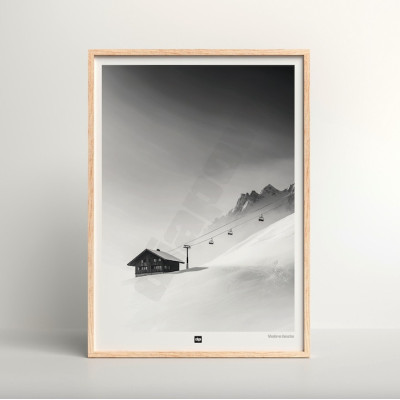 Schwarz-Weiß-Poster, Fotografie eines kleinen, in den Bergen verlorenen Ferienortes, für moderne Designdekoration. Schwarz-Weiß-Poster, Fotografie eines kleinen, in den Bergen verlorenen Ferienortes, für moderne Designdekoration.
