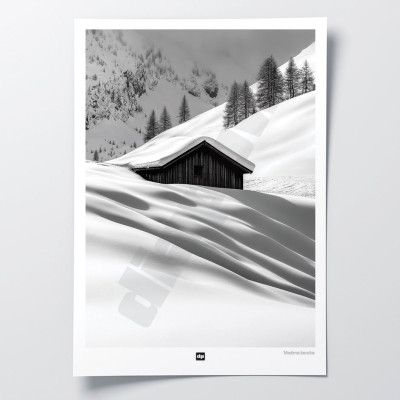 Schwarz-Weiß-Poster, Fotografie einer Hütte, die in den verschneiten Bergen verloren ist, für eine moderne Designdekoration. Schwarz-Weiß-Poster, Fotografie einer Hütte, die in den verschneiten Bergen verloren ist, für eine moderne Designdekoration.