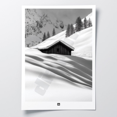 Schwarz-Weiß-Poster, Fotografie einer Hütte, die in den verschneiten Bergen verloren ist, für eine moderne Designdekoration. Schwarz-Weiß-Poster, Fotografie einer Hütte, die in den verschneiten Bergen verloren ist, für eine moderne Designdekoration.