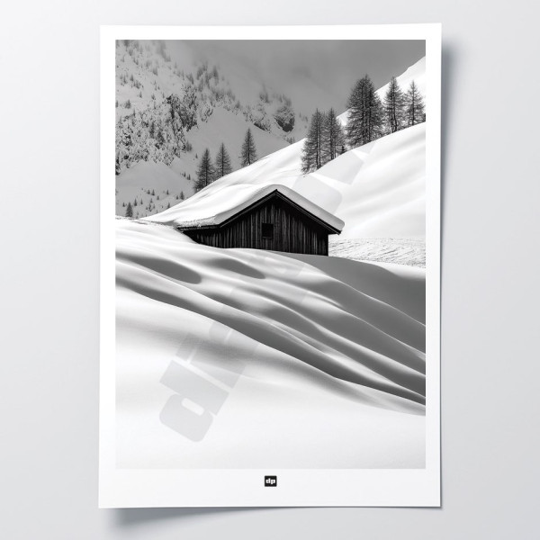 Schwarz-Weiß-Poster, Fotografie einer Hütte, die in den verschneiten Bergen verloren ist, für eine moderne Designdekoration.